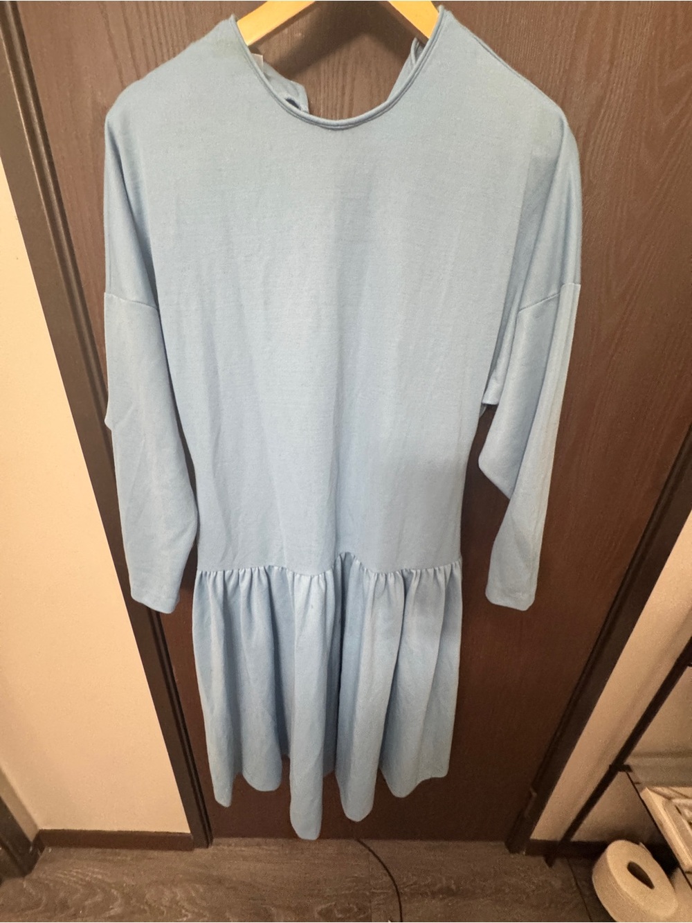Long Sleeve Light Blue Drop-Waist Dress